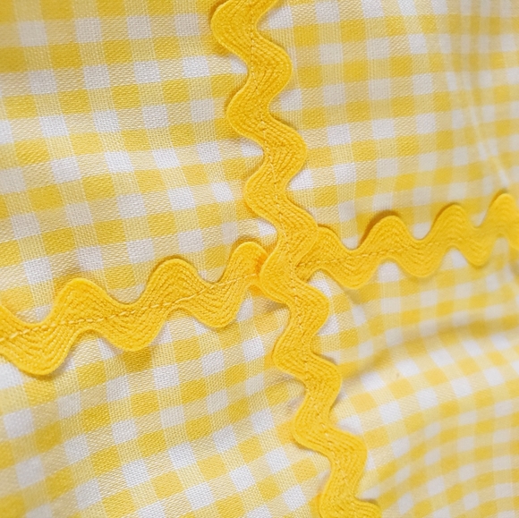 Vintage Handmade Yellow Gingham Plush Crib Blanket Jacquard Lace Zig Zag Trim - Picture 9 of 16